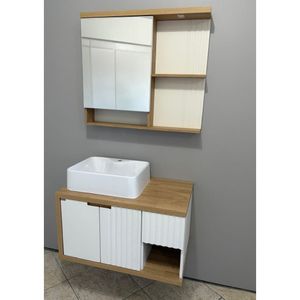 Kit armario, espelheira e cuba monaco 80cm cor parquet com branco suspenso
