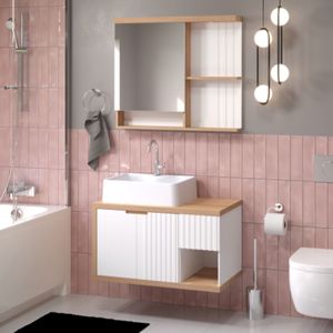 Kit armario, espelheira e cuba monaco 80cm cor parquet com branco suspenso